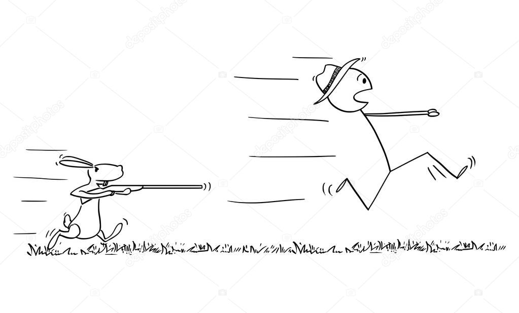 Vector Cartoon of Man or Hunter Running in Fear Away and Rabbit or Hare or Jackrabbit Chasing Him with His Rifle or Gun