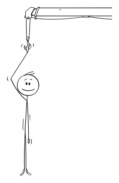 Vektor tecknad av leende man eller affärsman som innehar kranen krok och hängande — Stock vektor