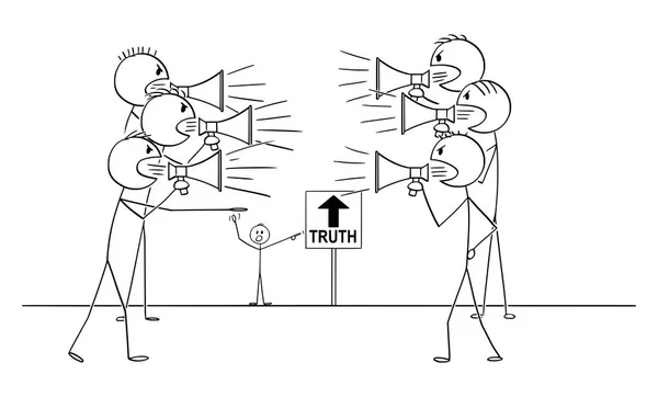 Vektor-Karikatur von zwei Gruppen von Menschen mit Lautsprechern, die schreien und für die Wahrheit kämpfen, aber beide liegen falsch — Stockvektor