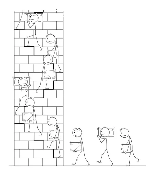 Cartone animato vettoriale dei lavoratori che trasportano blocchi di pietra come materiale da costruzione e arrampicata sulla torre — Vettoriale Stock