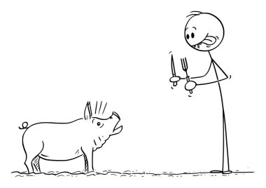 Elinde Çatal ve Bıçakla Korkmuş Domuza Bakarken Dudaklarını Tokatlayan Adamın Vektör Karikatürü