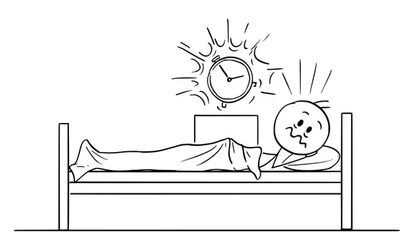 Векторный мультфильм об усталом человеке, лежащем в кровати и разбуженном часами ранним утром — стоковый вектор