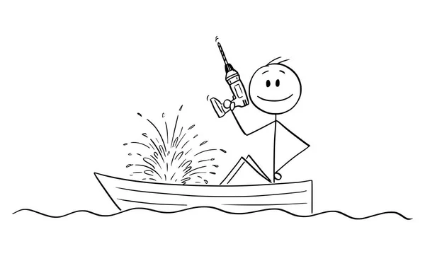 Vector Cartoon Illustration of Happy Man or Businessman Sitting in Rowing Boat with Electric Drill in Hand and Watching the Boat Sinking. — Stock Vector