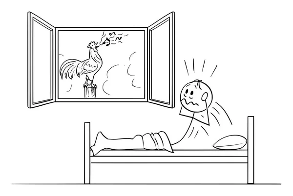 Ilustración de dibujos animados vectoriales del hombre cansado en la cama despertado por el gallo cantando en el jardín — Archivo Imágenes Vectoriales