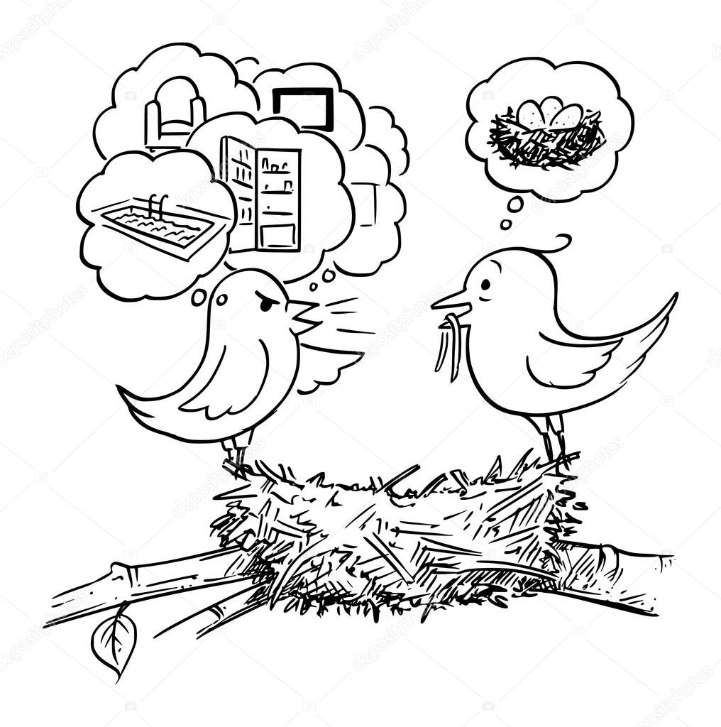 Vector Cartoon Illustration of Couple of Birds Sitting on Nest, Female Bird is not Satisfied and Demanding More Property