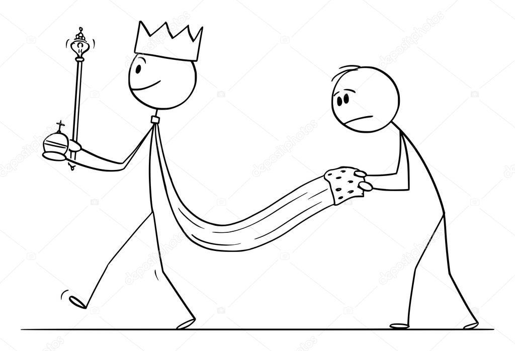 Vector Cartoon Illustration of Medieval or Fantasy King Walking with Servant Holding His Robe