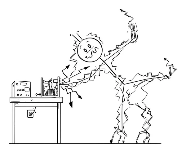 İnsan veya Tamirci nin Vektör Karikatürü Bazı Elektronik Cihazları Tamir Ediyor ve Elektrik Şoku Elde Ediyor — Stok Vektör