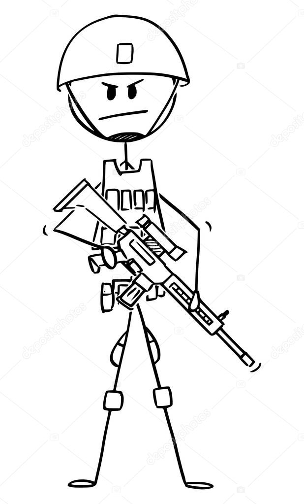 Vector Cartoon Illustration of Modern Army Soldier in Camouflage Vest and Helmet and Armed with Rifle