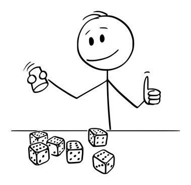 Altı Nokta Gösteren Tüm Dices ile Happy Man veya Oyuncu Rolling Dices Vektör Karikatür İllüstrasyon