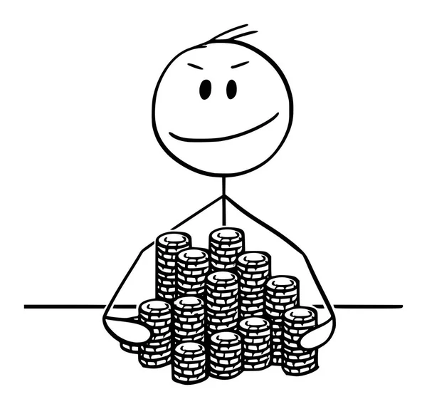 Vector cartoon illustratie van succesvolle winnaar man of zakenman met stapels of Poker of Roulette Casino chips — Stockvector