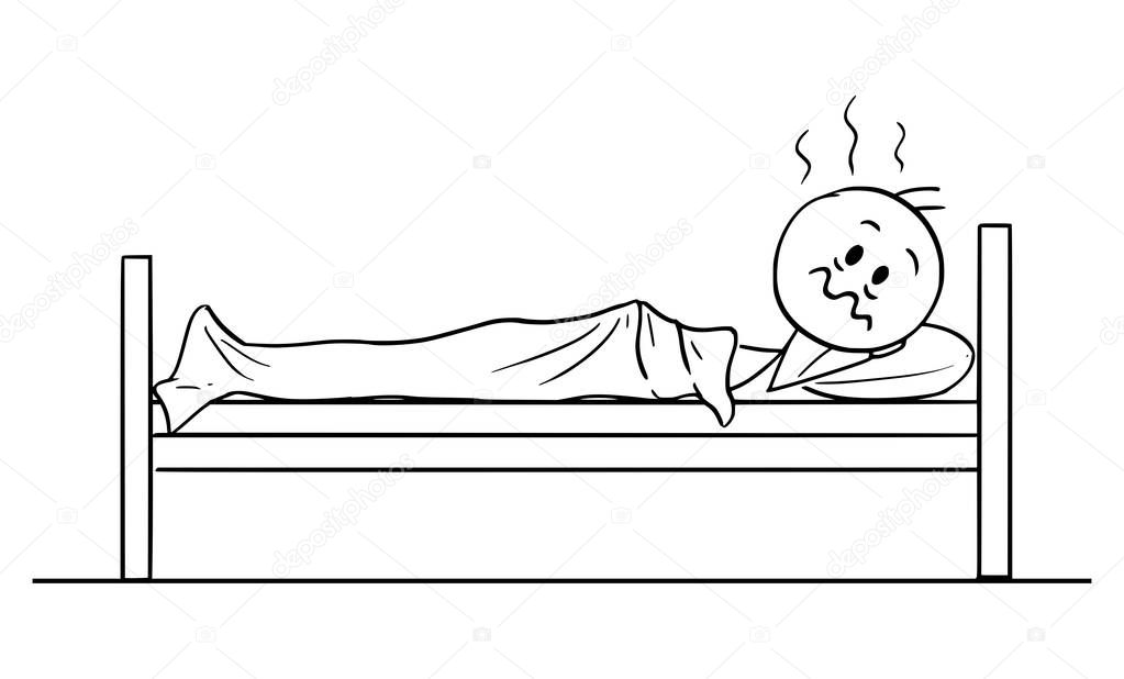 Vector Cartoon Illustration of Tired Man with Insomnia Lying in Bed and Cant Sleep