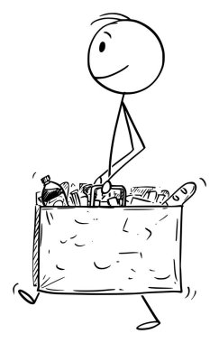 Büyük Alışveriş Çantası Gıda ve Diğer Mal veya Bakkaliye Dolu Taşıyan Mutlu Gülümseyen Adam Vektör Karikatür İllüstrasyon