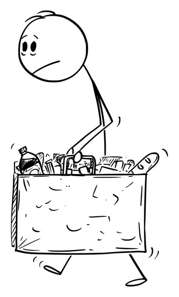 Vector Cartoon Illustrazione di uomo infelice e stanco che trasporta grande shopping bag pieno di cibo e altri beni o generi alimentari — Vettoriale Stock