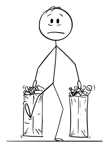 Ilustración de dibujos animados vectoriales del hombre infeliz y cansado que lleva grandes bolsas de compras llenas de alimentos y otros bienes o comestibles — Vector de stock