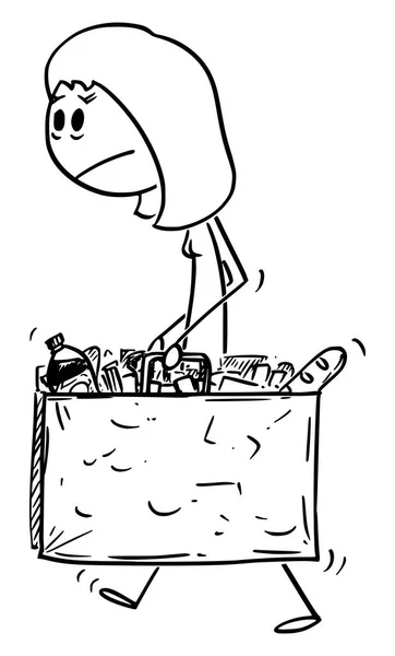 Kreslený vektor ilustrace nešťastné a unavené ženy nesoucí velký nákupní pytel plný potravin a jiných výrobků nebo potravin — Stockový vektor