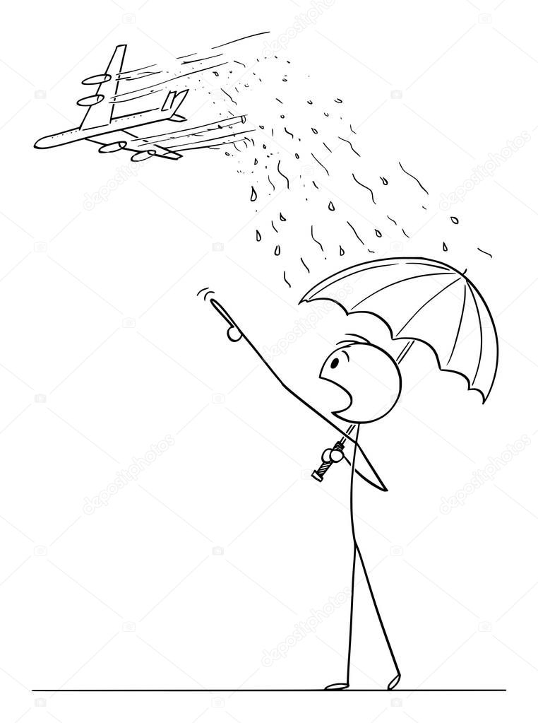 Vector Cartoon Illustration of Man with Umbrella Pointing in Panic at Passenger Jet Aircraft, Chemtrail Conspiracy Theory Concept