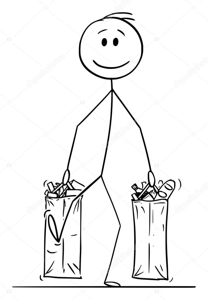 Vector Cartoon Illustration of Happy Smiling Man Carrying Big Shopping Bags Full of Food and Other Goods or Groceries