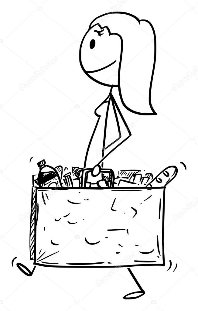 Vector Cartoon Illustration of Happy Smiling Woman Carrying Big Shopping Bag Full of Food and Other Goods or Groceries