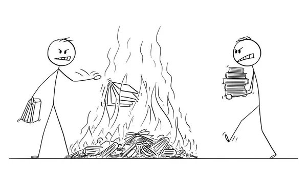 Ilustración de dibujos animados vectoriales de dos hombres arrojando libros al fuego, destrucción de libros por quema . — Archivo Imágenes Vectoriales