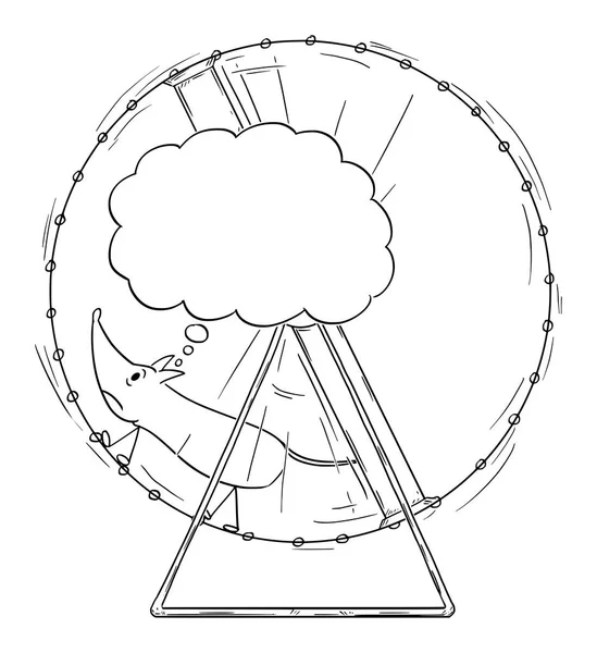Kreslený vektor obrázek frustrované myši běžící v kole s prázdnou bublinou řeči pro text — Stockový vektor