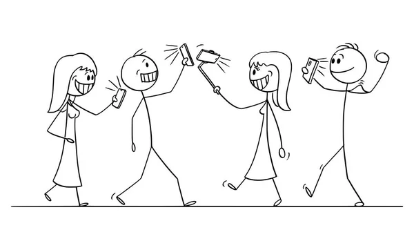 Kreslená vektorová ilustrace skupiny nebo davu lidí chůze s mobilními telefony a pořizování selfie — Stockový vektor