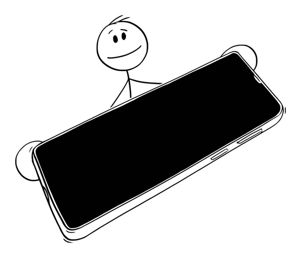 Ilustración de dibujos animados vectoriales del hombre sosteniendo o pasando u ofreciendo teléfono móvil — Vector de stock