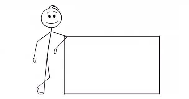 Zeichentrick-2D-Stick-Charakter-Animation von Geschäftsmann oder Mann, der sich auf ein leeres Schild lehnt und darauf zeigt. Alpha-Maske inklusive.