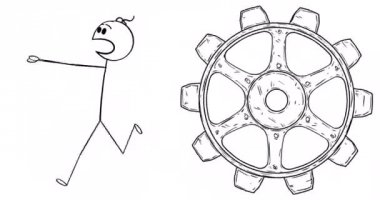Cogwheel 'den Korku ve Panik içinde Koşan İş Adamının Çizgi Filmi 2d Stick Karakter Animasyonu. Alfa Maskesi İçerildi.