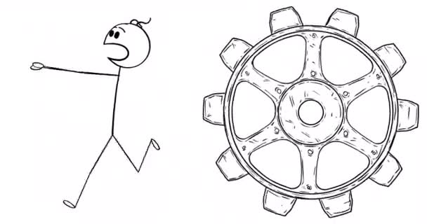 Cartoon 2D Stick Character Animation of Man or Businessman Running in Fear or Panic from Cogwheel. Alpha Mask Included. — Stock Video