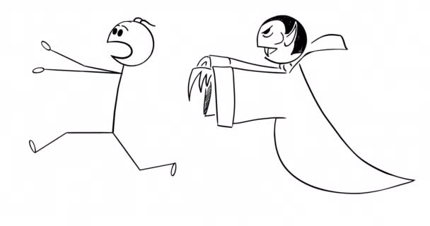 Zeichentrick-2D-Stick-Charakter-Animation eines Mannes, der in Angst oder Panik vor einem Vampir-Monster läuft. Alpha-Maske inklusive.