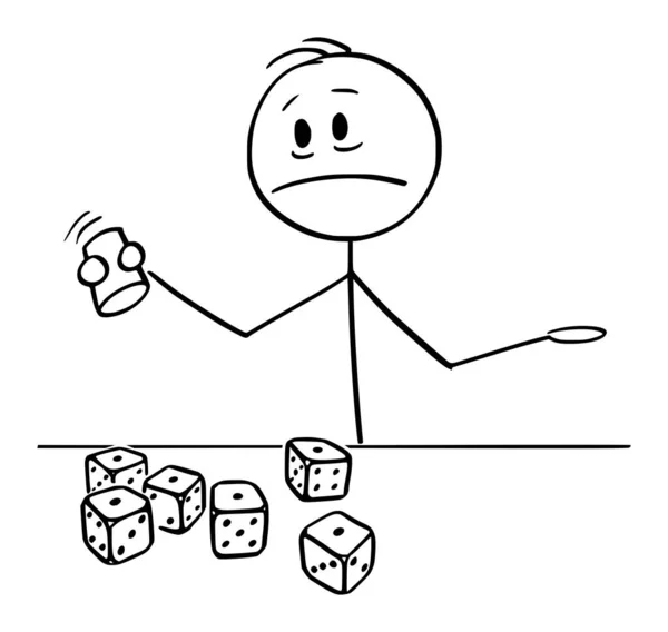 Ilustración de dibujos animados vectoriales de hombre infeliz o jugador rodando Dices con todos los Dices mostrando un punto — Archivo Imágenes Vectoriales