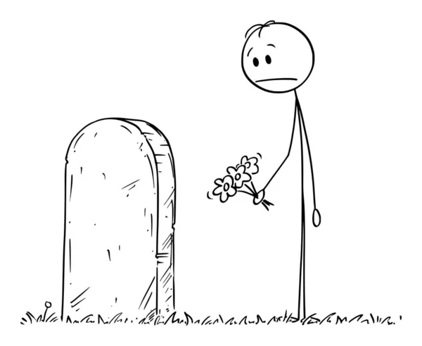 Ilustração de desenho animado vetorial de homem triste com flor visitando túmulo no cemitério — Vetor de Stock