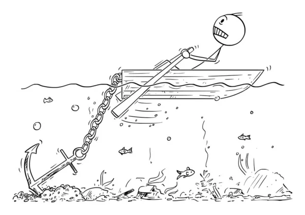 Vektor-Cartoon-Illustration eines Mannes oder Geschäftsmannes, der hart auf dem Boot rudert, sich aber nicht bewegt, weil ein großer Anker auf dem Meeresboden feststeckt — Stockvektor