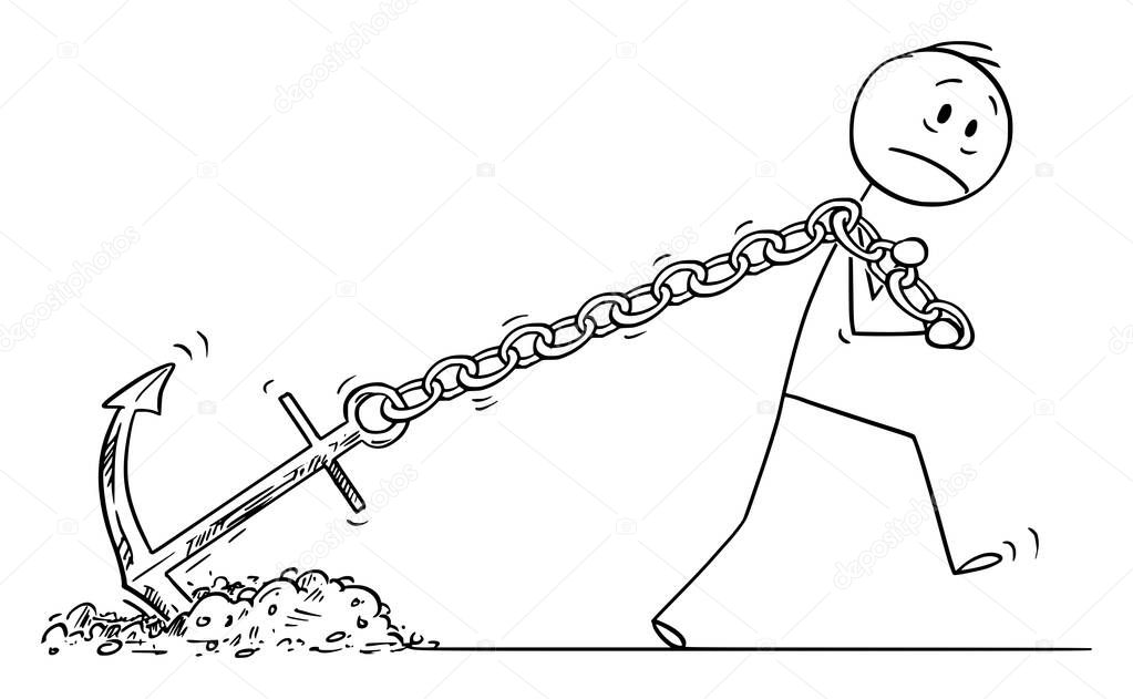 Vector Cartoon Illustration of Man or Businessman Pulling or Dragging Big Anchor as Life Problem Metaphor