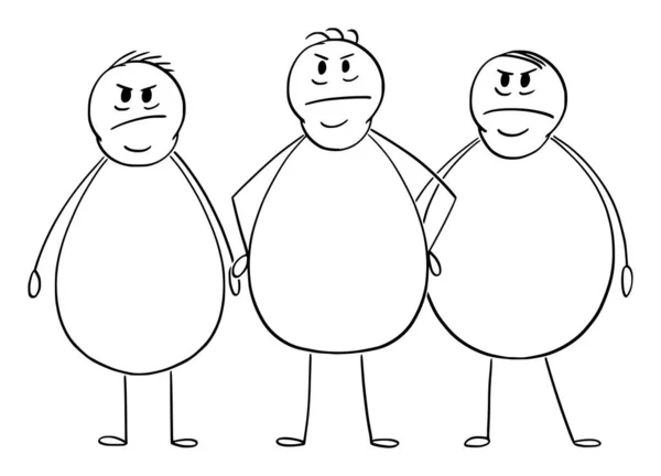 Ilustração dos desenhos animados do vetor do grupo de três homens irritados com excesso de peso ou gordos —  Vetores de Stock