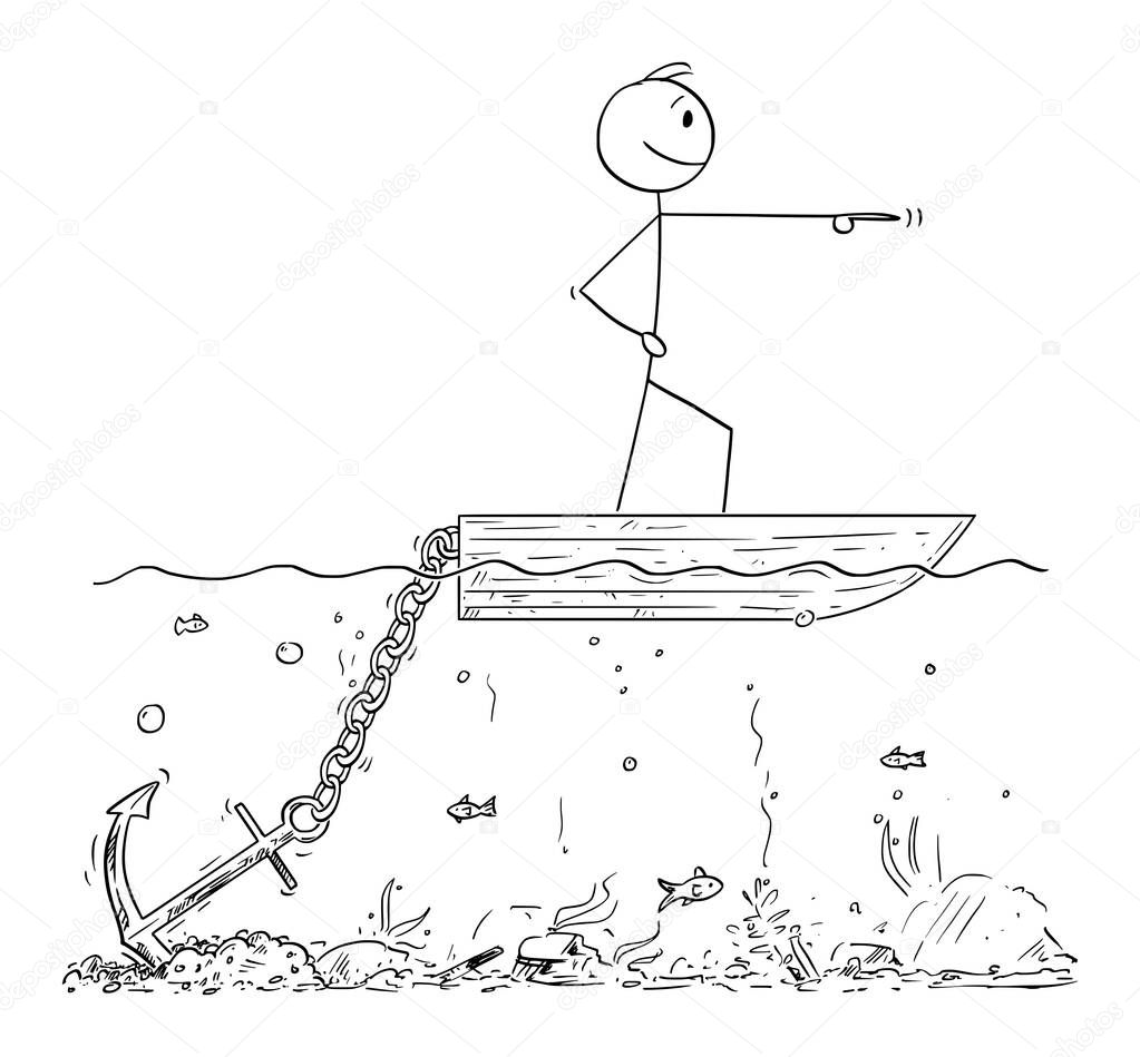 Vector Cartoon Illustration of Confident Man or Businessman Standing on the Boat and Pointing, But Dont Moving Because of Big Anchor Stuck on the Seabed
