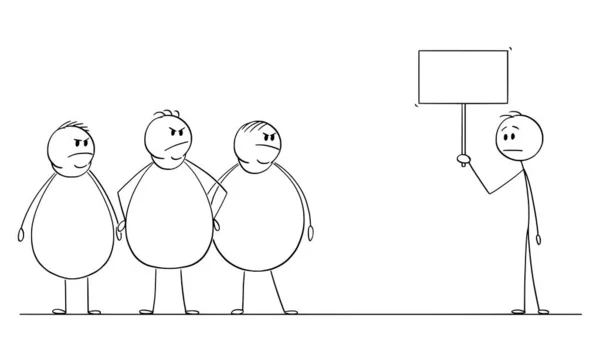 Ilustração dos desenhos animados do vetor do homem fino que prende o sinal vazio e o grupo de três homens irritados com excesso de peso ou gordos que olham para ele —  Vetores de Stock