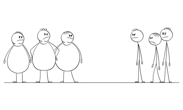 Vector Cartoon Illustration of Group of Thin Men Looking at Crowd of Angry Fat or Obese People - Stok Vektor