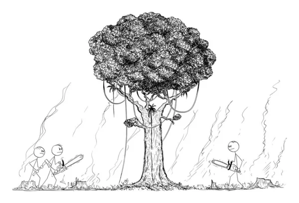 Vektor-Cartoon-Illustration einer Gruppe von Holzfällern, die den letzten verbliebenen Baum aus dem Regenwald fällen oder fällen — Stockvektor