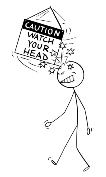 Vector cartoon illustratie van de man die de voorzichtigheid raken Kijk naar uw hoofd teken met zijn hoofd — Stockvector