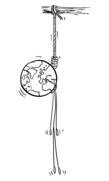 关于挂在绳子上的行星地球的矢量漫画。 环境概念 — 图库矢量图片