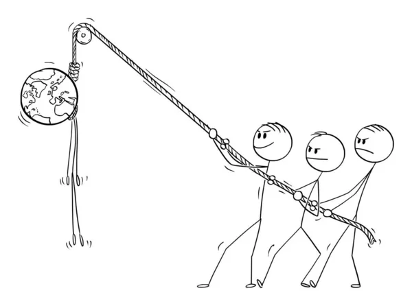 Vektor-Cartoon-Illustration von Menschen, die Planeten Erde an Seilen hängen. Umweltkonzept — Stockvektor