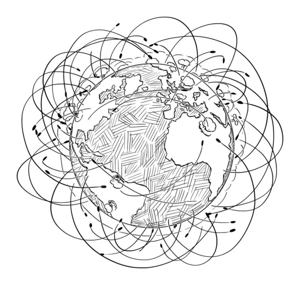 Ilustración de dibujos animados vectoriales del planeta Tierra rodeada de cohetes nucleares y explosiones, concepto de guerra nuclear — Vector de stock