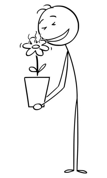 Ilustración de dibujos animados vectoriales del hombre oliendo a hermosa flor en maceta de plantas — Archivo Imágenes Vectoriales