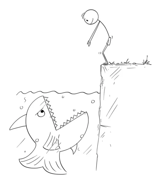 人間のベクトル漫画のイラストは水に飛び込む準備ができて、しかし巨大な魚は彼を食べるのを待っています — ストックベクタ