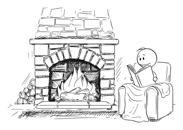 Ilustración de dibujos animados vectoriales del hombre sentado frente a la chimenea en un cómodo sillón o silla y leyendo el libro — Vector de stock