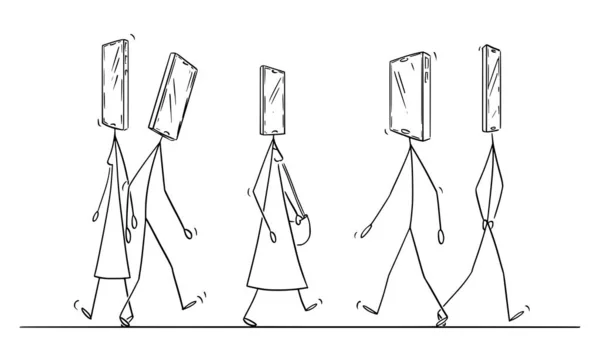 Illustration vectorielle de personnes marchant dans la rue avec le téléphone portable comme tête — Image vectorielle