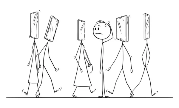 Illustrazione dei cartoni animati vettoriali di persone che camminano per strada con il telefono cellulare come capo, l'uomo ordinario è stupito — Vettoriale Stock