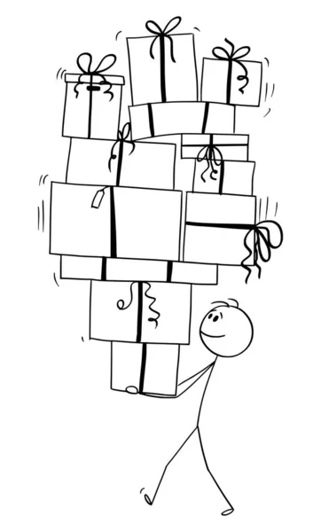 Illustration vectorielle d'un homme portant ou équilibrant une grande pile de cadeaux de Noël ou d'anniversaire — Image vectorielle