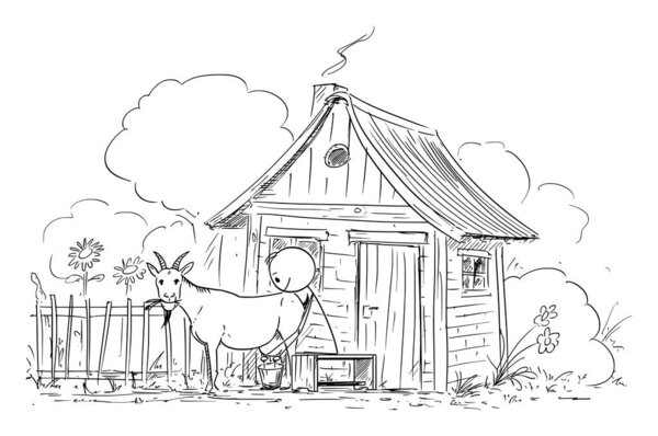 Vector Cartoon Illustration of Man or Farmer Milking Goat on Small Old Rural Farm